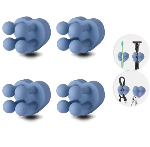 4 Pcs Waterproof Silicone Toothbrush Holder,Cute Multi-Function Wall Mounted Self Adhesive Utility Hook for Hanging Towel Key Plug Cable for Kitchen Bathroom Home Office Blue - color: Blueheart4