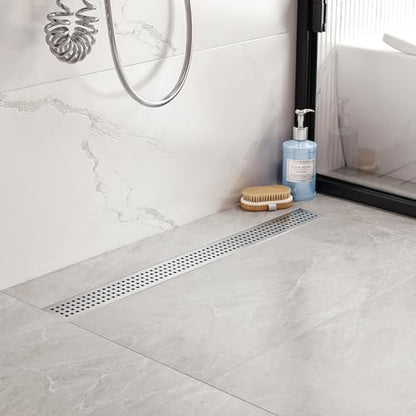 32 inch Linear Shower Drain with Square Hole Pattern Grate Cover | Brushed 304 Stainless Steel Bonding Flange Linear Drain, Low Profile Linear Shower Drain with Hair Strainer - color: 32 in, size: Quadrato Pattern