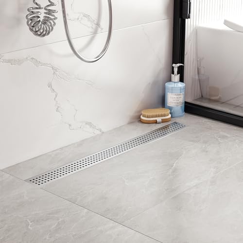 48 inch Linear Shower Drain with Square Hole Pattern Grate Cover | Brushed 304 Stainless Steel Bonding Flange Linear Drain, Low Profile Linear Shower Drain with Hair Strainer - color: 48 in, size: Quadrato Pattern