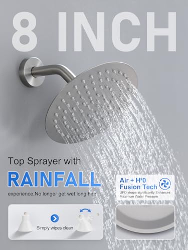 Woindo Shower Faucet Set with Slide Bar, 12" Rain Shower Head/8'' Side Shower Head and 10 Setting Handheld Ceiling Mount 3 Push Button Diverter Complete Rainfall Shower System Included Valve Trim Kit - color: Brushed Nickel, style: 12"-R-Ceiling-02