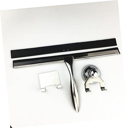 3pcs Stainless Steel Shower Squeegee Set Bathroom Water Scraper for Glass Doors Includes Suction Cup Holder and Hooks for Cleaning Shower Tiles and Windows