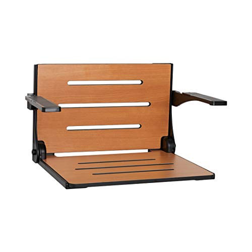 Seachrome Silhouette Comfort Folding Wall Mount Shower Bench Seat with Arms, Teak Seat with Matte Black Frame - color: Teak Seat With Matte Black Frame and Black Arm Pads