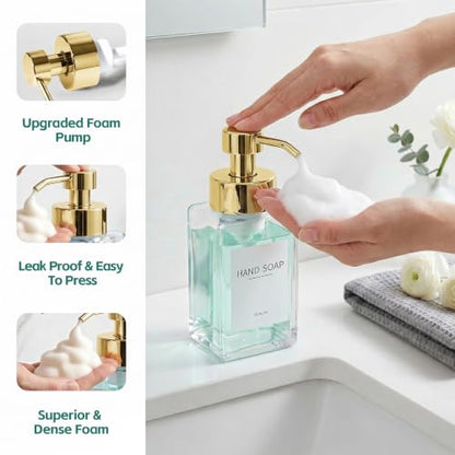 Foaming Soap Dispenser, 12oz/350ml Glass Foaming Hand Soap Dispenser Set, 2Pcs Refillable Foam Soap Dispenser with Foaming Pump, Labels, Square Foam Soap Hand Dispenser for Bathroom, Gold - color: Clear Bottle +Gold Pump