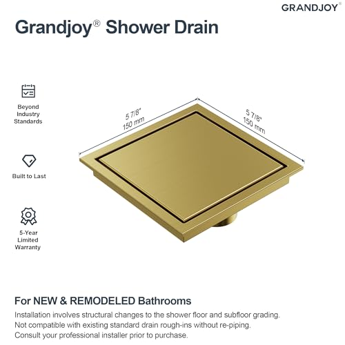 6 Inch Square Shower Floor Drain, Brushed Gold SUS304 Stainless Steel Grid Grate with X-Shaped High Flow Channel, Anti-Clogging Hair Strainer, Standard 2" Outlet | Reversible flat & tile-in cover, anti-odor auto-seal core, burr-free smooth edges for baref