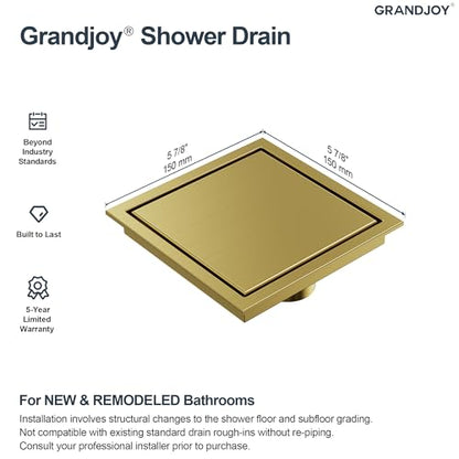 6 Inch Square Shower Floor Drain, Brushed Gold SUS304 Stainless Steel Grid Grate with X-Shaped High Flow Channel, Anti-Clogging Hair Strainer, Standard 2" Outlet | Reversible flat & tile-in cover, anti-odor auto-seal core, burr-free smooth edges for baref
