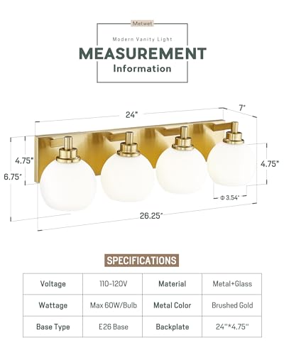 4-Light Brushed Gold Bathroom Vanity Light, Milk White Glass Globes | 26" modern bathroom light fixtures over mirror, E26 base, bulbs not included, VL195-BG-ML-4 - color: Brushed Gold, Milk Glass, size: 4-light