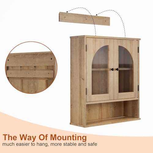 Bathroom Cabinet Wall Mounted with Tempered Glass Doors,Wooden Medicine Cabinet with Adjustable Shelf Open Shelf,Over Toilet Space Saver Storage Cupboard Natural Oak - color: Natural Oak