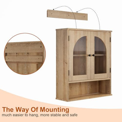 Bathroom Cabinet Wall Mounted with Tempered Glass Doors,Wooden Medicine Cabinet with Adjustable Shelf Open Shelf,Over Toilet Space Saver Storage Cupboard Natural Oak - color: Natural Oak
