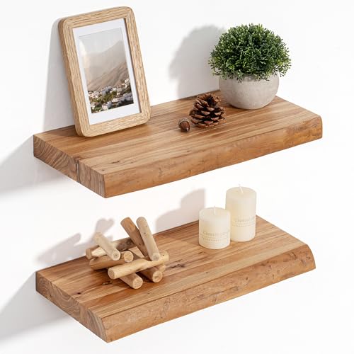 Floating Shelves for Wall Decor, Rustic Solid Elm Wood Live Edge Floating Shelves Wall Mounted, Wall Shelves with Invisible Bracket for Living Room Bathroom Bedroom Kitchen, 16 Inch Set of 2, Natural - color: Natural, size: Live Edge, 16inch, 2Packs