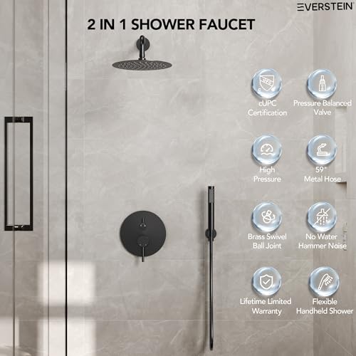 10" High-Pressure Rainfall Shower System with Handheld Spray, Wall Mount Bathroom Shower Faucet Set (Matte Black) - color: Matte Black, style: No Tub Spout