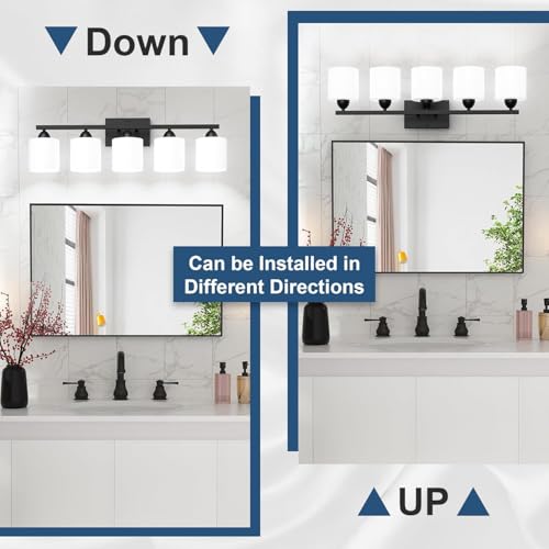 Black Bathroom Lighting Fixtures Over Mirror, 5-Light Anti-Rust Vanity Light for Bathroom, 28.34Inches Modern Wall Sconce, Standard E26 Base, Milky White Glass Shades, Bulbs Not Included - color: Black-5Light