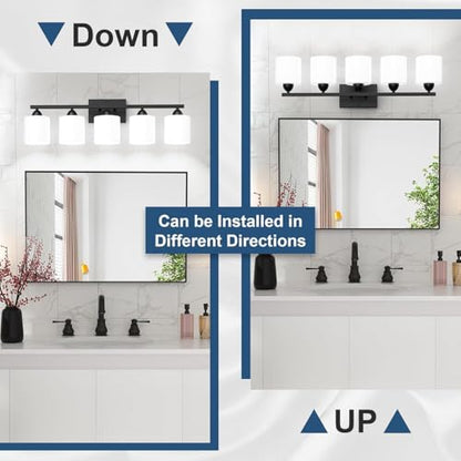 Black Bathroom Lighting Fixtures Over Mirror, 5-Light Anti-Rust Vanity Light for Bathroom, 28.34Inches Modern Wall Sconce, Standard E26 Base, Milky White Glass Shades, Bulbs Not Included - color: Black-5Light