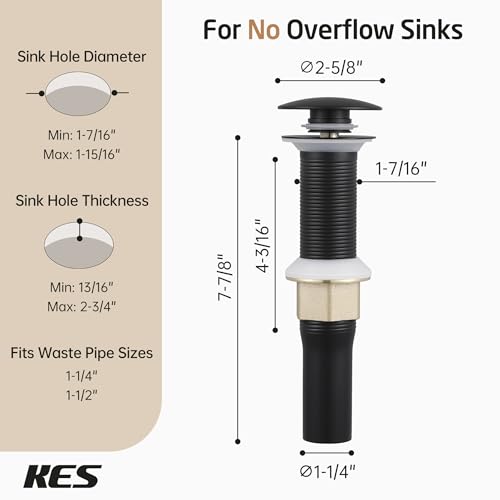 KES Bathroom Sink Drain with Strainer Basket Hair Catcher Anti Clog Pop Up Drain Stopper Vanity Vessel Sink Without Overflow, Matte Black S2013D-BK - color: Black, style: for NO overflow sink,1-pack