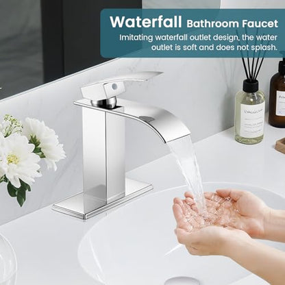 Bathroom Faucets Chrome Waterfall Single Handle Bathroom Sink Faucet | with Pop-up Drain & Deck,Supply Hoses,Chrome Single Handle Vanity Faucet,Stainless Steel,1 or 3 Hole,RV,Fits Home,Bathroom - color: A-Chrome, style: Short