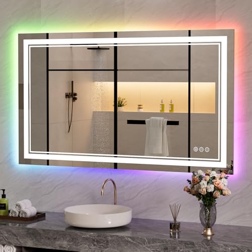 48x28 Inch RGB LED Bathroom Mirror with Lights | Front and RGB Backlit, Dimmable, Memory, Anti Fog, Shatterproof, Horizontal/Vertical, Lighted Mirrors for Bathroom Wall - color: Rgb Backlit, size: 48"L x 28"W