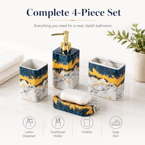 4 Piece Bathroom Accessories Set - Blue Bathroom Accessory Sets Includes Lotion Dispenser, Toothbrush Holder Tumbler, and Soap Dish - Glossy Finish (Marble, Blue) - color: Blue