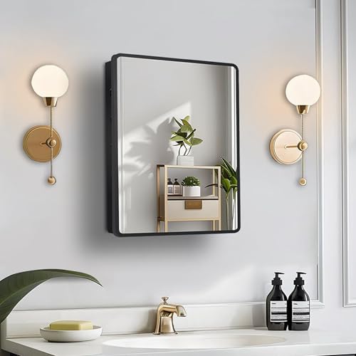 16x22 Medicine Cabinet with Mirror, Black Metal, Recessed or Surface Mount | 2 adjustable metal shelves, soft-close hinge, reversible installation, 95% assembled, cutout 13.82"W x 17.52"H x 3.66"D - color: Black - Metal, size: 16"L x 22"W