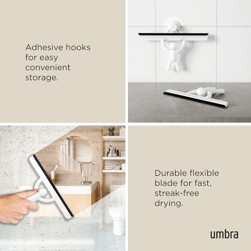 Umbra Buddy Adhesive Squeegee, Shower Glass and Mirror Cleaner, White | Streak-free flexible blade, mounts on tile or drywall, easy clean silicone, anti-rust plastic