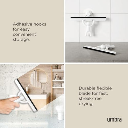 Umbra Buddy Adhesive Squeegee, Shower Glass and Mirror Cleaner, White | Streak-free flexible blade, mounts on tile or drywall, easy clean silicone, anti-rust plastic