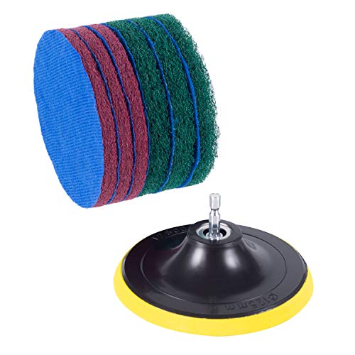 Kichwit 5 Inch Drill Powered Brush Tile Scrubber Scouring Pads | 2 Different Stiffness, 5" Pad Holder with 6 Scrubbing Pads, Cleans Large Flat Areas Perfectly (Drill NOT Included) - size: 5 Inch