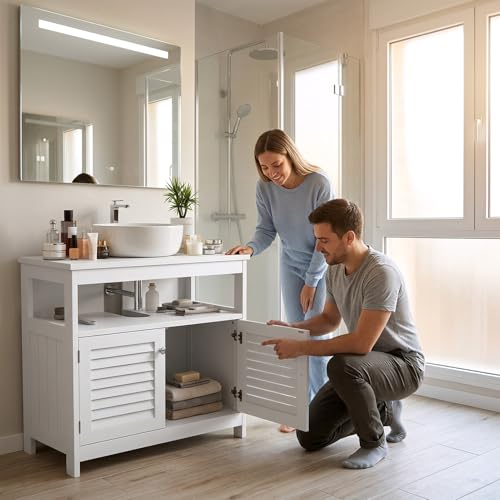 Under Sink Storage Cabinet, U Shape Cutout Wall Mounted Bathroom Vanity Organizer Freestanding Floor Cabinet for Pedestal Sink Waterproof Cabinet for Washroom Householding Cleaning Supplies, White