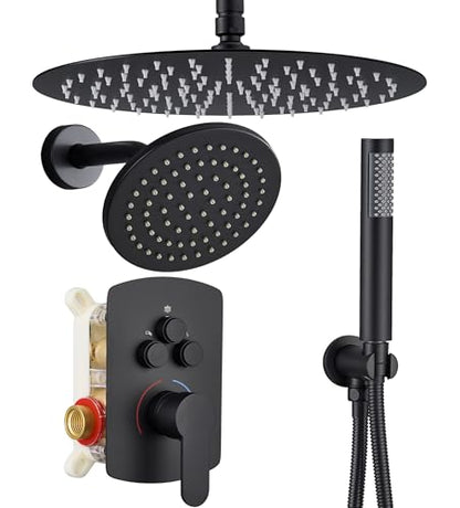 Dasan Rainfall Full Body Shower Faucet System with 12'' Round Shower & 6'' Shower Head,Matte Black Dual Shower Head Faucets Set with Handheld & Valve, Double Shower Head System for Couples/ 2-Person - color: Matte Black