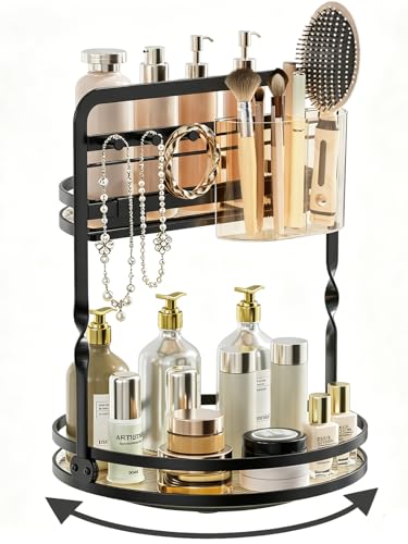 360 Rotating Makeup Vanity Organizer,Black 2-Tier Perfume Organizer | Bathroom Countertop Organizer, Lazy Susan Vanity Tray Spinning Skincare Storage with Jewelry Hooks & Makeup Brush Holder - color: Black