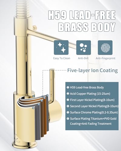 Kitchen Faucet, Commercial Kitchen Sink Faucets with Pull Down Sprayer, Stainless Steel Faucets for Kitchen Sinks, Dual Function Spray Head, Single Handle Spring Kitchen Faucets -Gold - color: D-PVD Gold, style: Classic