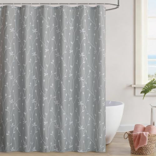 Embroidered Leaf Farmhouse Shower Curtain,Faux Linen,72Wx72L,Grey | Boho Modern Shower Curtain Set, Washable & Waterproof Fabric, Floral Shower Curtains for Bathroom with Hooks - color: Grey
