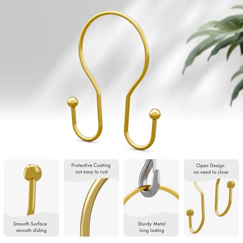 AmazerBath Shower Curtain Hooks, Dark Gold Shower Curtain Rings, Simple Double Hook Shower Curtain Hooks Rust Proof, Metal Smooth Shower Hooks for Shower Curtain Rod, 12 Pcs Shower Rod Hook - color: Dark Gold, style: Minimalist - Double Shower Hooks