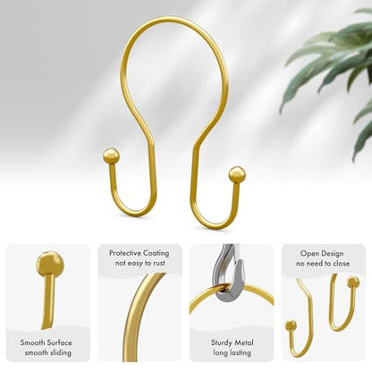 AmazerBath Shower Curtain Hooks, Dark Gold Shower Curtain Rings, Simple Double Hook Shower Curtain Hooks Rust Proof, Metal Smooth Shower Hooks for Shower Curtain Rod, 12 Pcs Shower Rod Hook - color: Dark Gold, style: Minimalist - Double Shower Hooks