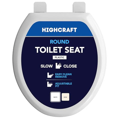 HIGHCRAFT Premium Round Toilet Seat with Slow-Close Design, Adjustable Hinges & Quick Removal Mechanism - Molded Plastic Toilet Seat - Fits Standard Round Toilets - Toilet Seat in White - color: White, size: Round