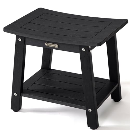 Poly Shower Bench Waterproof Shower Stool Plastic Bath Chair Seat, Black | HDPS Material, Anti-Rotting, Heavy Duty, with Storage Shelf & Adjustable Feet, Non-Slip, Save Space, No-Maintenance - color: Black, size: M Size(16*13*17'')