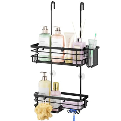 HapiRm Hanging Shower Caddy – For Renters & Small Bathrooms, Fits Shower Curtain Rods, No Drilling, 2 Rustproof 304 Shelves, 4 Hooks, and a Detachable Toothbrush Holder You Can Rinse - Black - color: Black