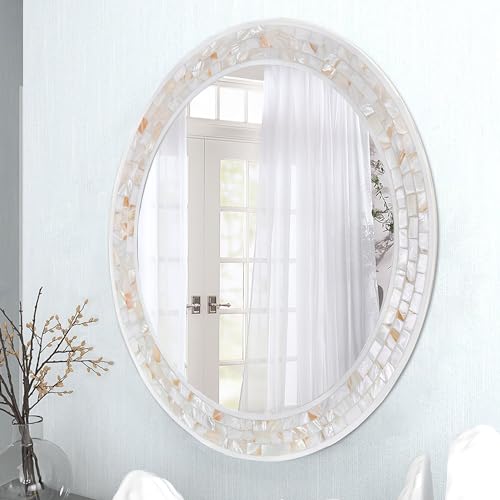 30 Inch Round Wall Mirror with White Frame for Bathroom Bedroom | Handcrafted Mother of Pearl Mosaic Inlay Frame, 3mm Tempered Glass, Coastal Seashell Decor - size: 30"L x 30"W