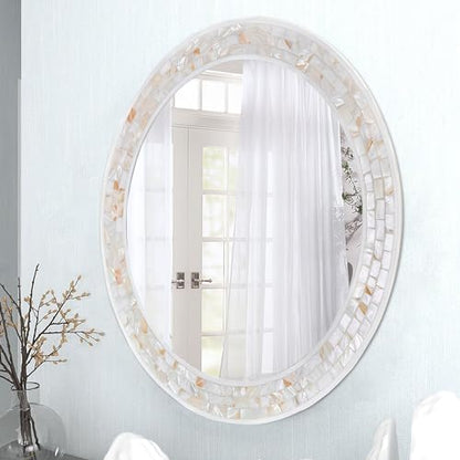 30 Inch Round Wall Mirror with White Frame for Bathroom Bedroom | Handcrafted Mother of Pearl Mosaic Inlay Frame, 3mm Tempered Glass, Coastal Seashell Decor - size: 30"L x 30"W