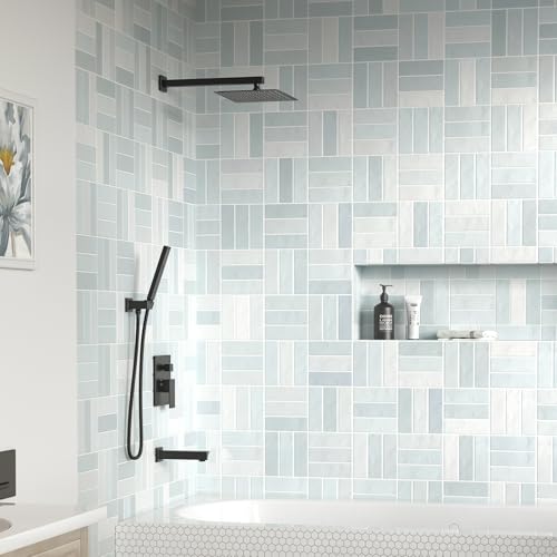 Lava Odoro Modern 3-Setting Square Shower and Tub Faucet Set with Shower Head and Handheld Sprayer Black, Rainfall Shower System with Tub Spout, Shower Valve Trim Kit, Matte Black, SF103-MB-T - color: Matte Black, style: With Tub Spout