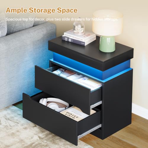 Nightstands Set of 2, Night Stand with 2 Drawers, Nightstand with App-Controlled Adjustable LED Light, Bedside Table with Slidable Hidden Storage Space, Modern Nightstands for Bedroom,Black - color: Unbzx031hd2-zf