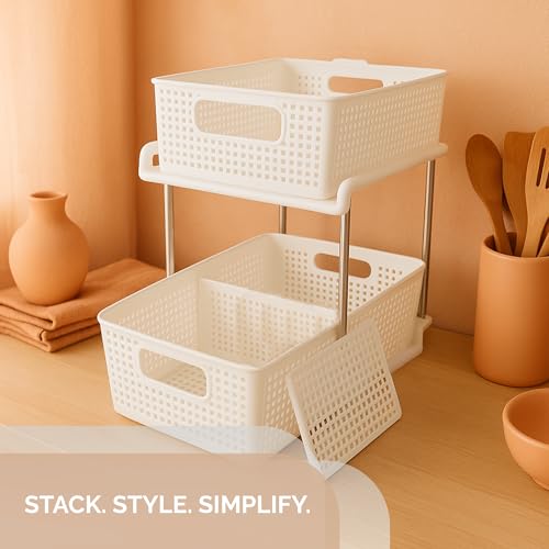 2 Tier Kitchen & Cabinet Drawer Storage Rack With Sliding Baskets – Adjustable Shelf Laundry Room Organization| Under Sink Organizer For Bathroom Accessories & Kitchen