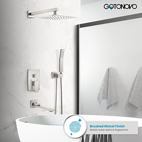 gotonovo Tub Shower Faucet Set with Valve Kit 12’’ Head,Brushed Nickel | Shower System with Tub Spout,SUS304 Rain Head with Handheld Sprayer,Swivel Spout,All Metal,Rough-In Valve Trim Kit,Wall Mount - color: Nickel, size: 12’’ Head