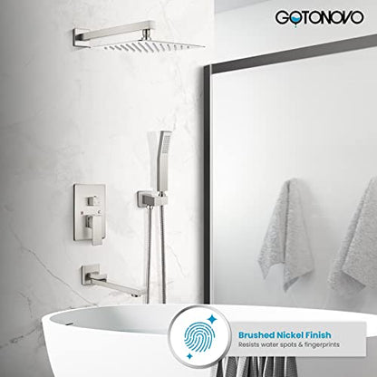 gotonovo Tub Shower Faucet Set with Valve Kit 12’’ Head,Brushed Nickel | Shower System with Tub Spout,SUS304 Rain Head with Handheld Sprayer,Swivel Spout,All Metal,Rough-In Valve Trim Kit,Wall Mount - color: Nickel, size: 12’’ Head