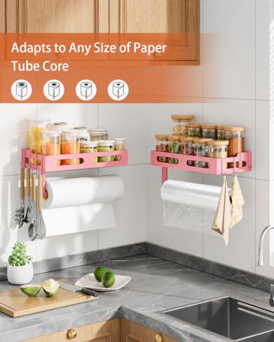 Pink Paper Towel Holder Wall Mount with Shelf, Easy One Hand Tear, Adhesive Glue or Drill Mount Hanging Paper Towel Holder with Shelf for Kitchen/Bathroom/RV, Metal, 4 Hooks - color: Pink