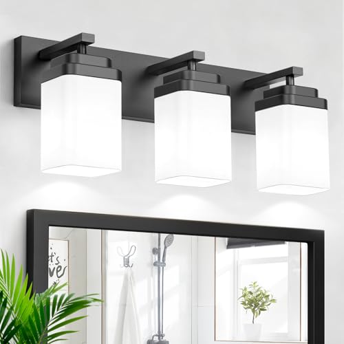 Black Bathroom Light Fixtures, 3 Lights Bathroom Lighting Fixtures Over Mirror, Square Design & Rectangle Large Backplate, Modern Vanity Lighting Fixtures, for Bathroom/Living Room/Bedroom - color: Black, size: 22-inch, 3-Light