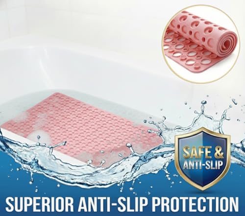 Nonslip Bathtub Mat Extra Soft TPE Bath Mat for Kids, Machine Washable Bathroom Shower Mat, Smooth/Non-Textured Tubs Only, 35L x 16W Inch (Pink) - color: Pink, size: 35" x 16" (Rectangular)