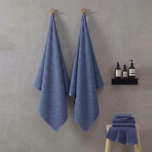 ecolook 6-Piece Waffle Weave Towel Set, 100% Cotton, Lightweight, Absorbent & Quick-Drying, 2 Bath Towels (31×63 in), 2 Hand Towels, 2 Washcloths, Lint-Free for Bathroom, Pool, Gym, Travel - Blue - color: Blue