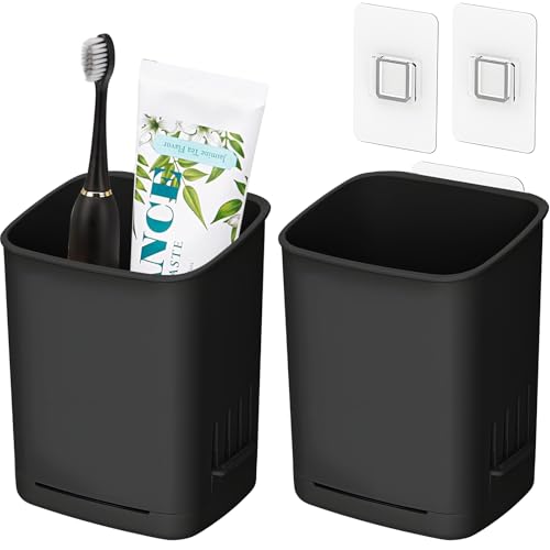 2 Packs Wall Mounted Toothbrush Holders, Self Adhesive Bathroom Toothbrush Wall Holder for Electric Toothbrush, Toothpaste, Razor,Shower Accessories (Black) - color: Black