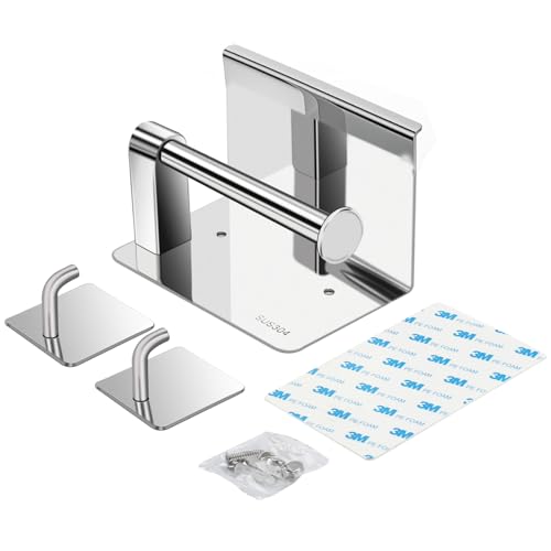 Self Adhesive or Screw Wall Mounted Toilet Paper Roll Holder with Phone Shelf, SUS 304 Stainless Steel Wall Mounted Toilet Paper Roll Holder - Stainless Steel Bathroom Hardware Set (Shiny) - color: Shiny