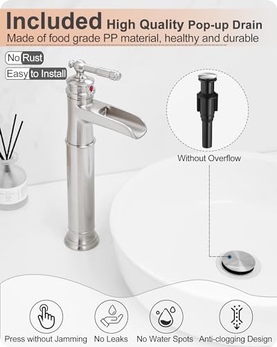 Vessel Sink Faucet Brushed Nickel, Brass Waterfall Bathroom Faucet Single Hole, Tall Bathroom Sink Faucet, Bathroom Faucets Single Handle with Pop-Up Drain Supply Hoses for Lavatory No Noise - color: Brushed Nickel - Classic