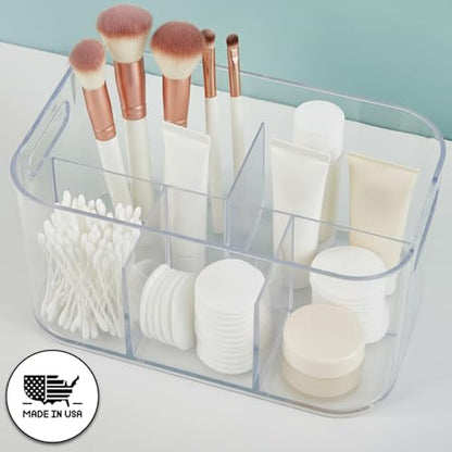 STORi Bliss 5-Compartment Plastic Cosmetics Storage Organizer | Clear | Rectangular Divided Makeup Bin & Vanity Caddy with Pass-Through Handles | Round Corner Design | Made in USA - size: 1 Pack