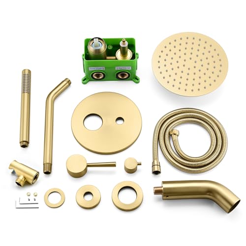 SUMERAIN Bathroom Brushed Gold Rain Shower System with Tub Spout | Tub and Shower Set, Brass Hand Shower, 8" Shower Head, Brass Rough in Valve, Concealed Box Design - color: Brushed Gold, size: 3 Function